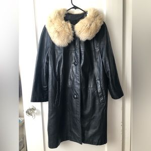Vintage leather coat with fur collar